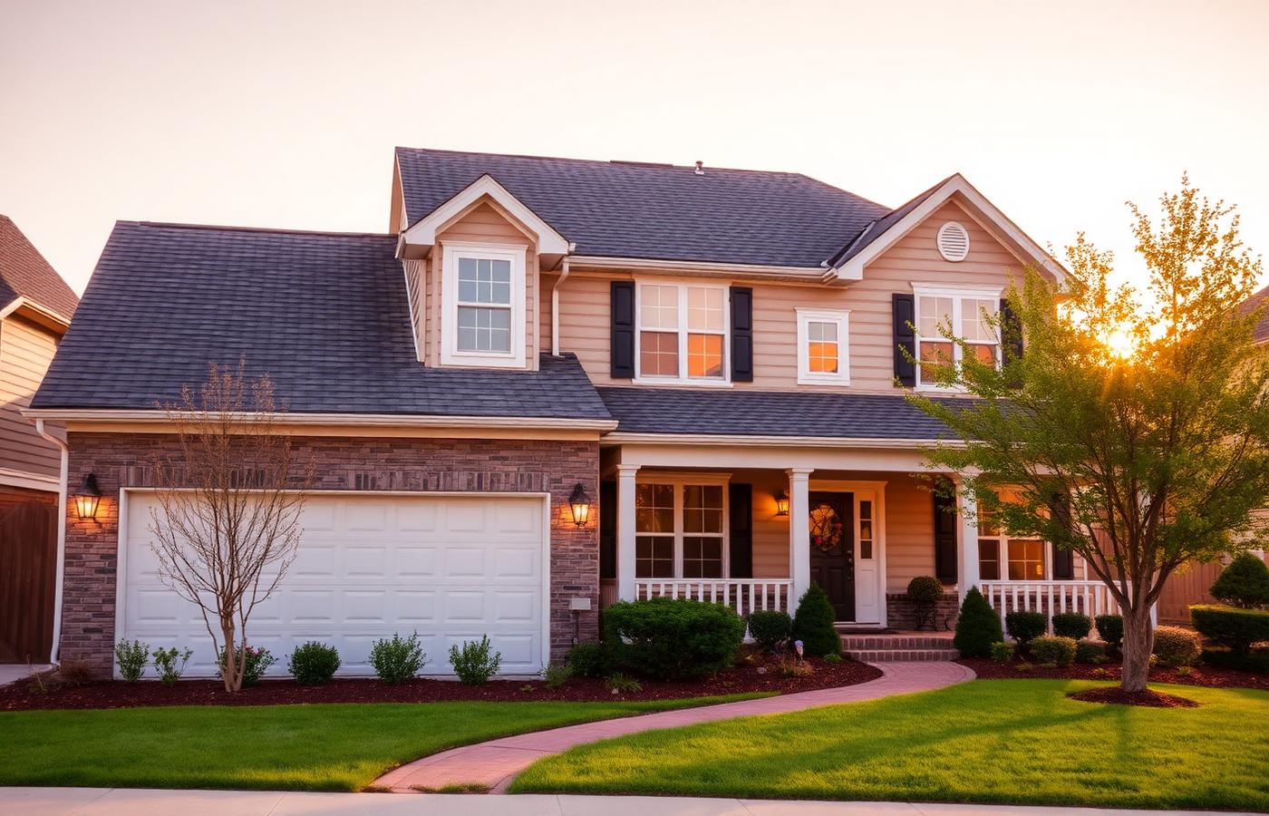 Well-maintained suburban home exterior at golden hour