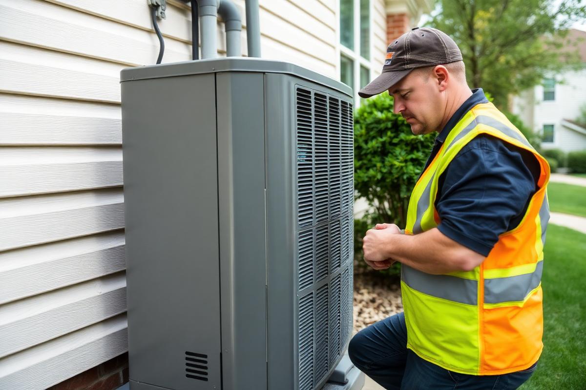HVAC technician servicing an outdoor residential air conditioning unit