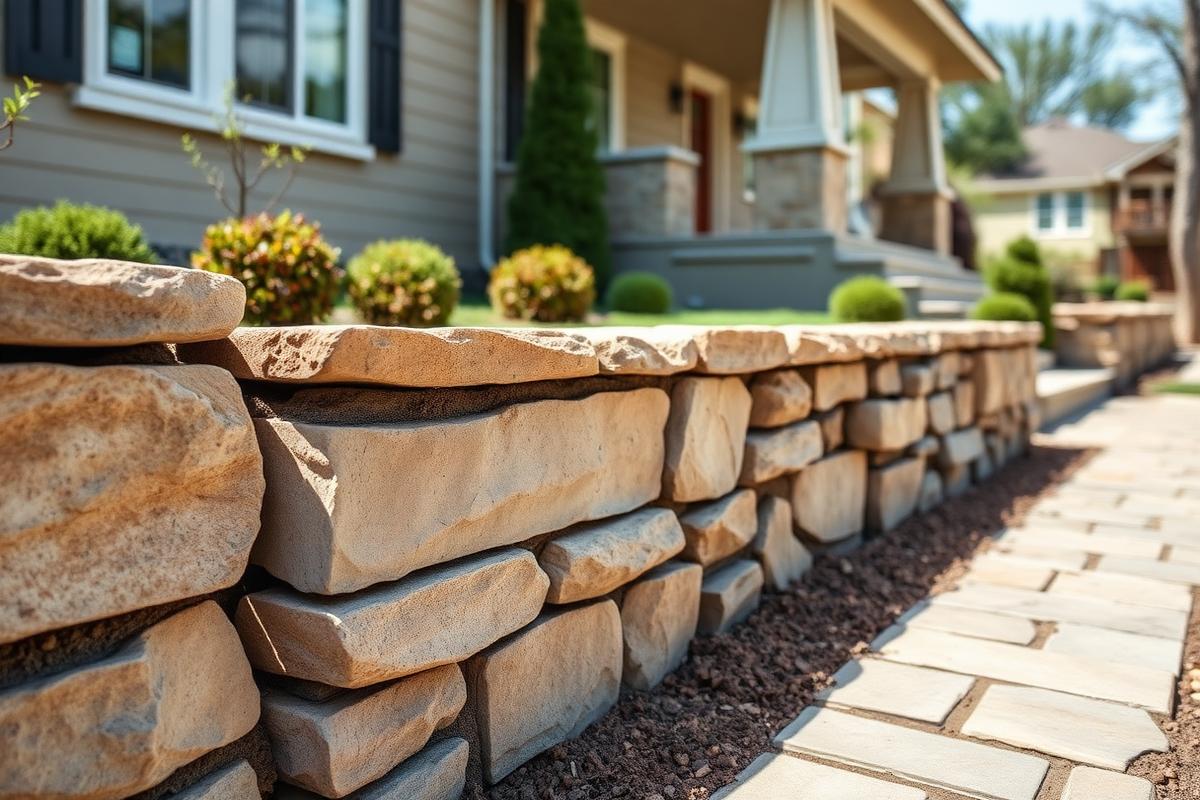 Natural stone retaining wall and walkway at a residential home