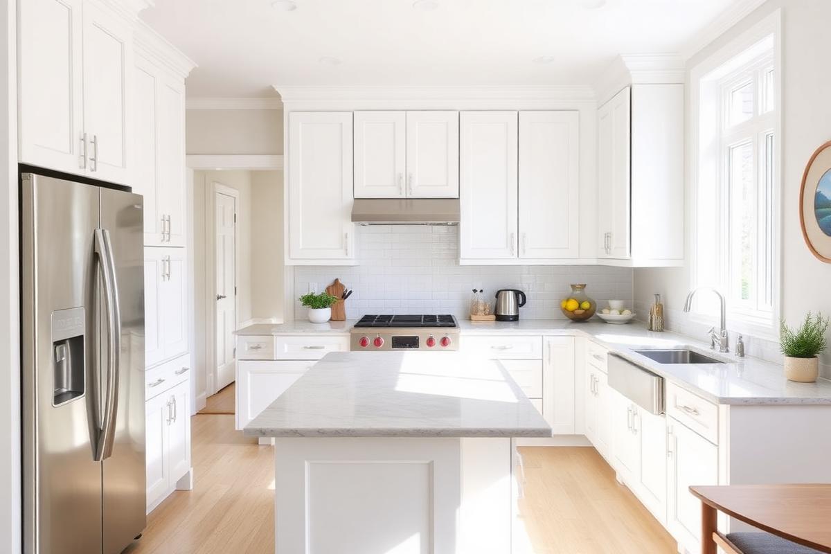 Newly remodeled residential kitchen with white cabinets and quartz island