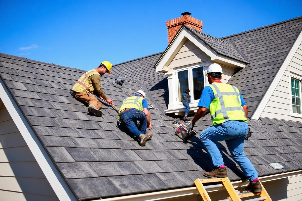 Roofing crew installing architectural shingles on a suburban home