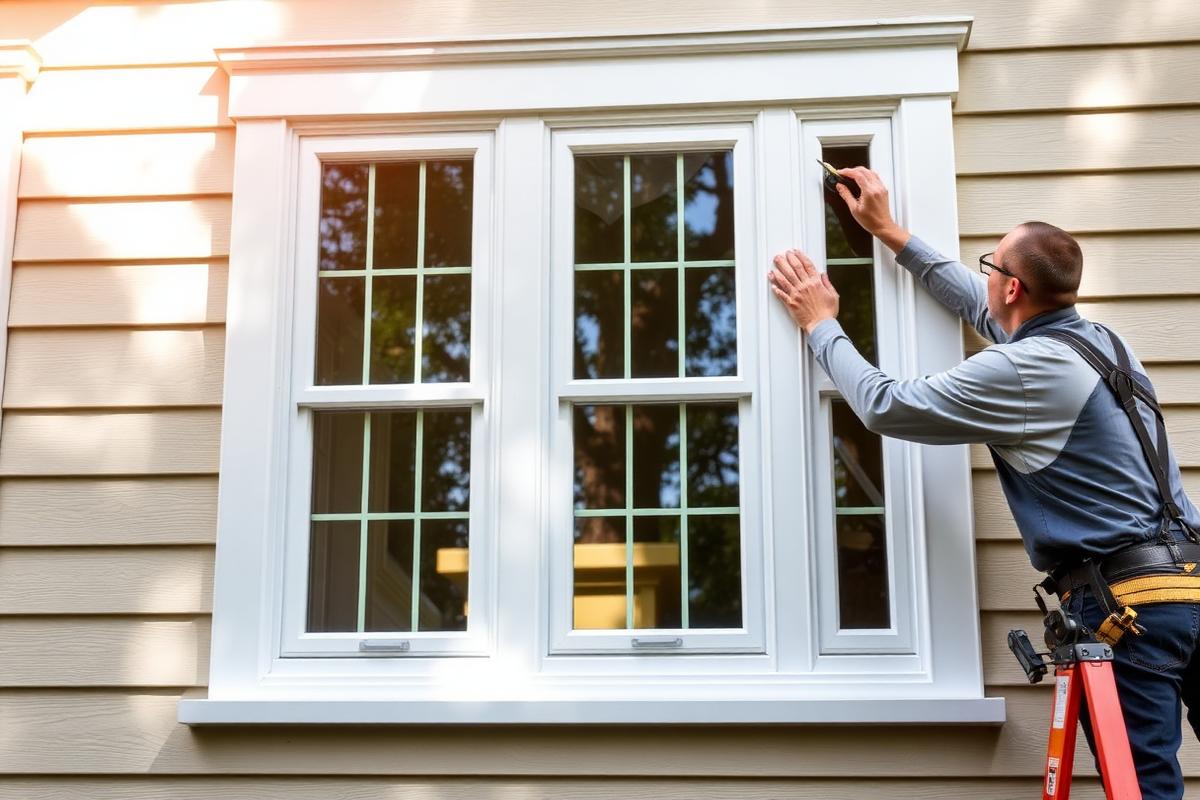 Installer fitting a new replacement window on a residential home